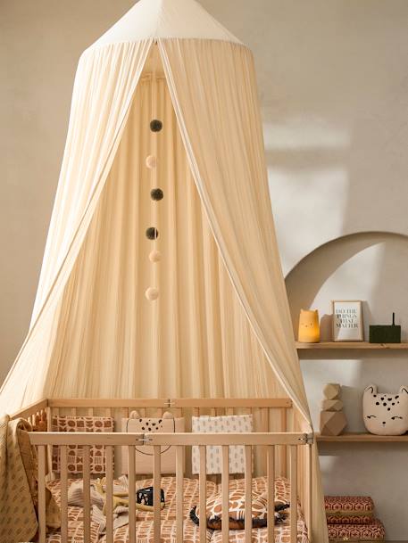 Ciel de lit en gaze de coton avec pompons beige poudré+rose+vert sauge - vertbaudet enfant 