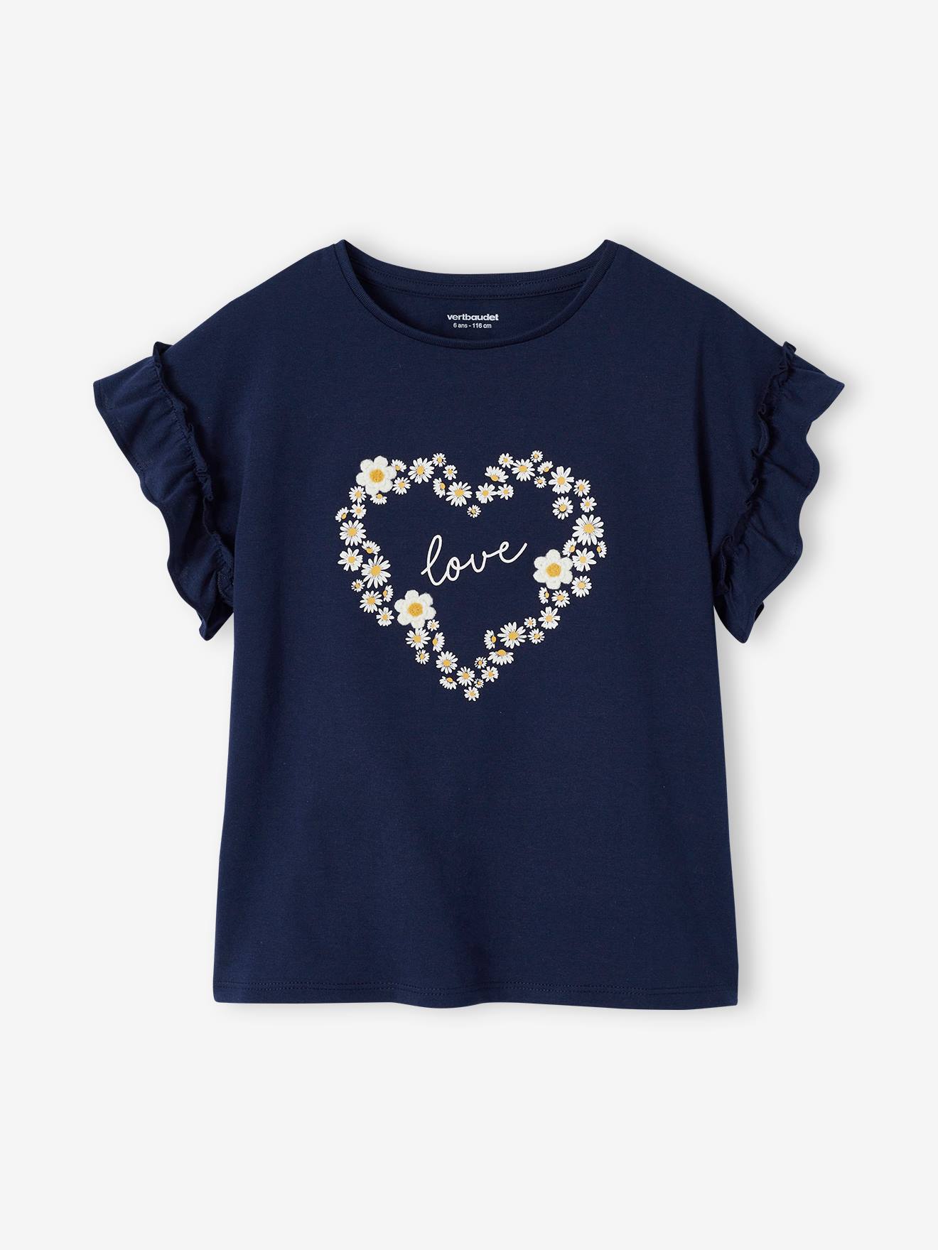 Vertbaudet Meisjes-T-shirt Met Iriserend Motief En Korte Mouwen Met Ruches Marineblauw