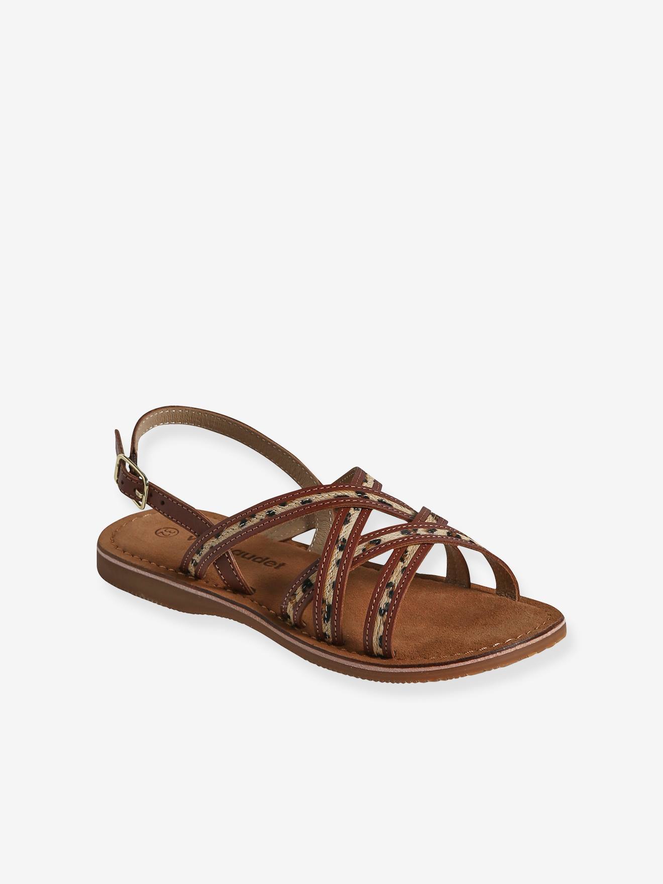 Vertbaudet Leren Sandalen Met Kruisbandjes Bruin, Bedrukt