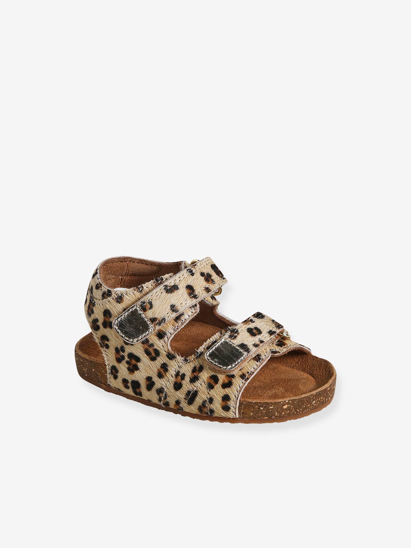 Vertbaudet Leren Babysandalen Met Opdruk En Klittenband Beige, Bedrukt