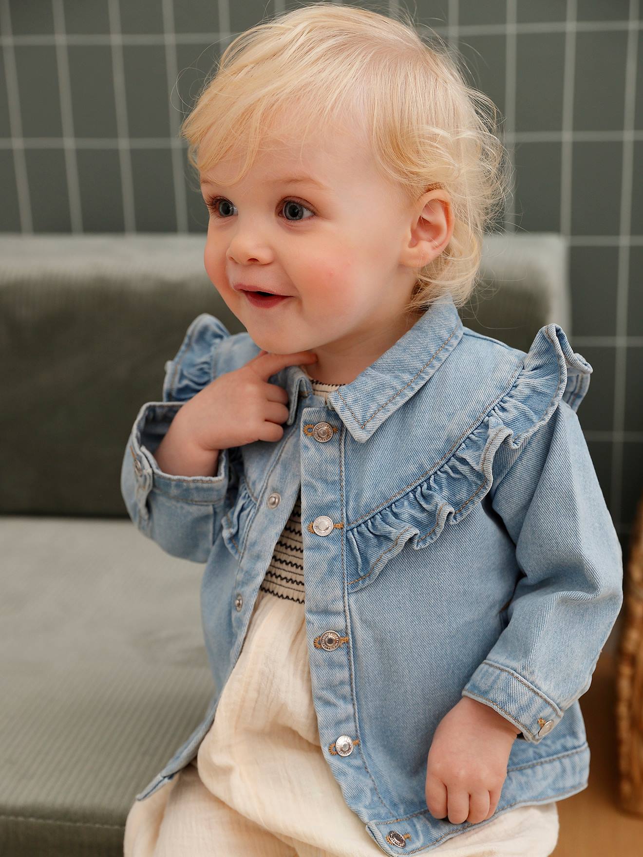 Vertbaudet Babyjasje Van Denim Met Ruches Gebleekt Denim