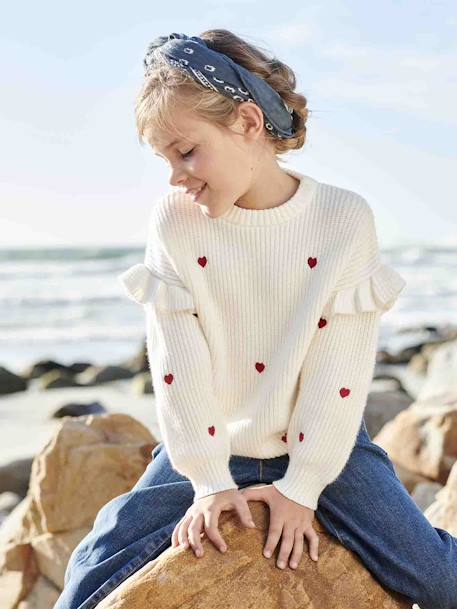 Fille-Pull, gilet, sweat-Pull fille brodé manches volantées 
