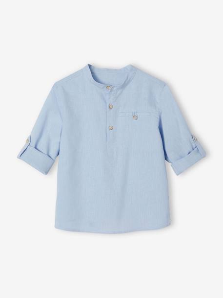 Chemise col Mao en coton/lin garçon manches retroussables BLANC+bleu ciel+Bleu moyen+vert - vertbaudet enfant 
