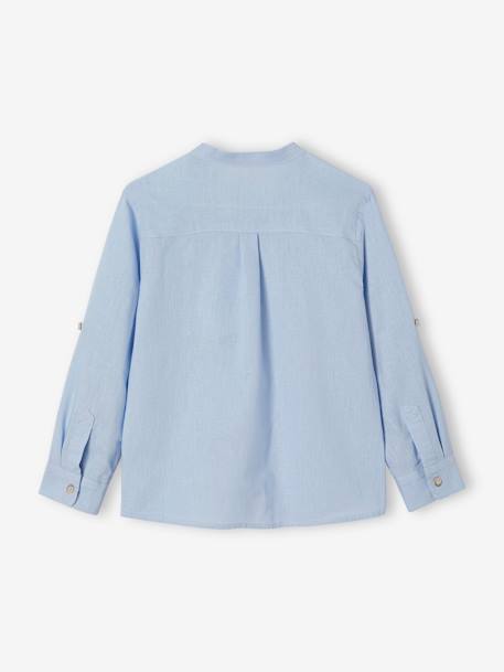 Chemise col Mao en coton/lin garçon manches retroussables BLANC+bleu ciel+Bleu moyen+vert - vertbaudet enfant 