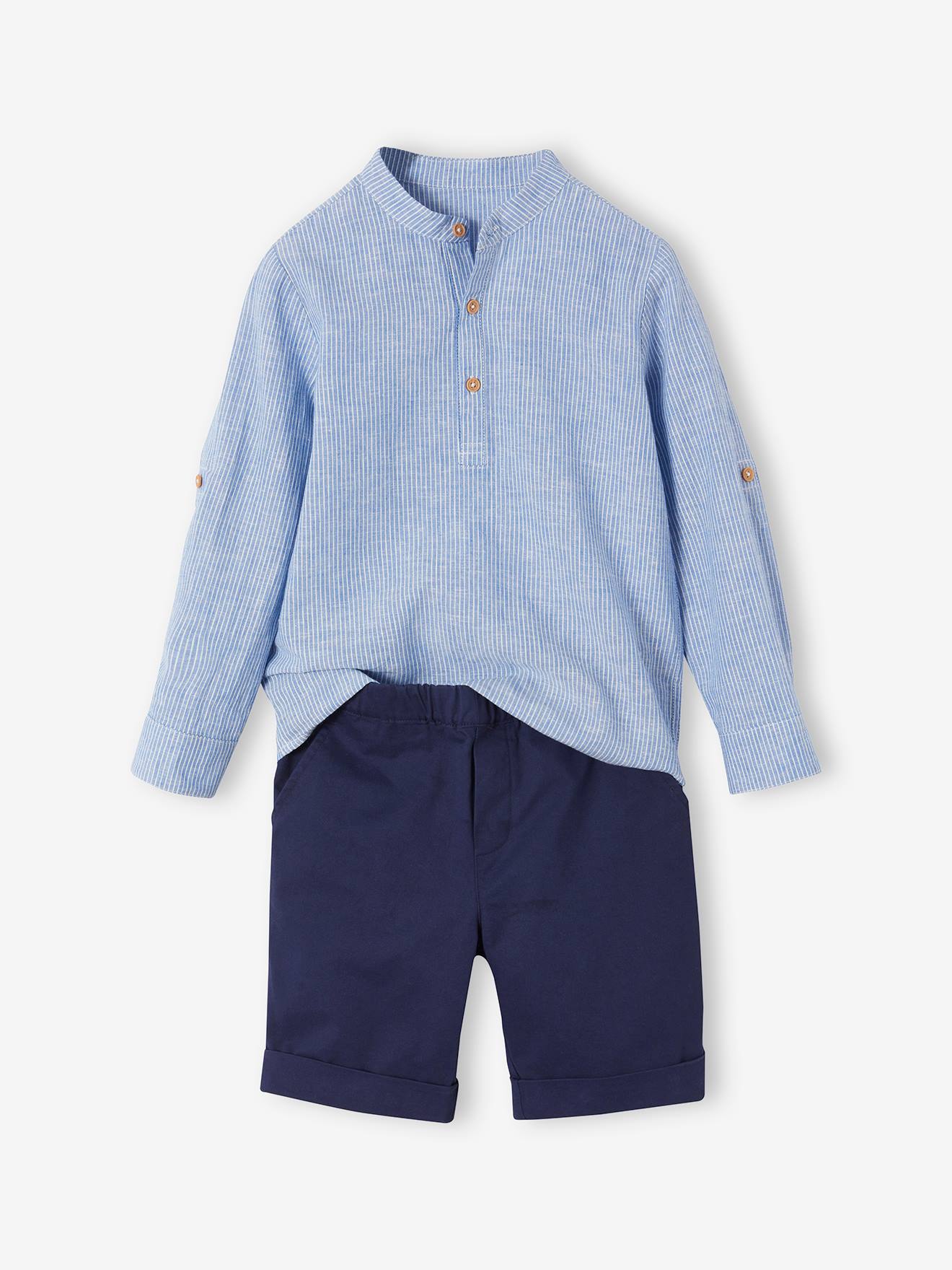 Vertbaudet Net Jongenshemd, Mao-kraag En Korte Broek Blauw, Gestreept