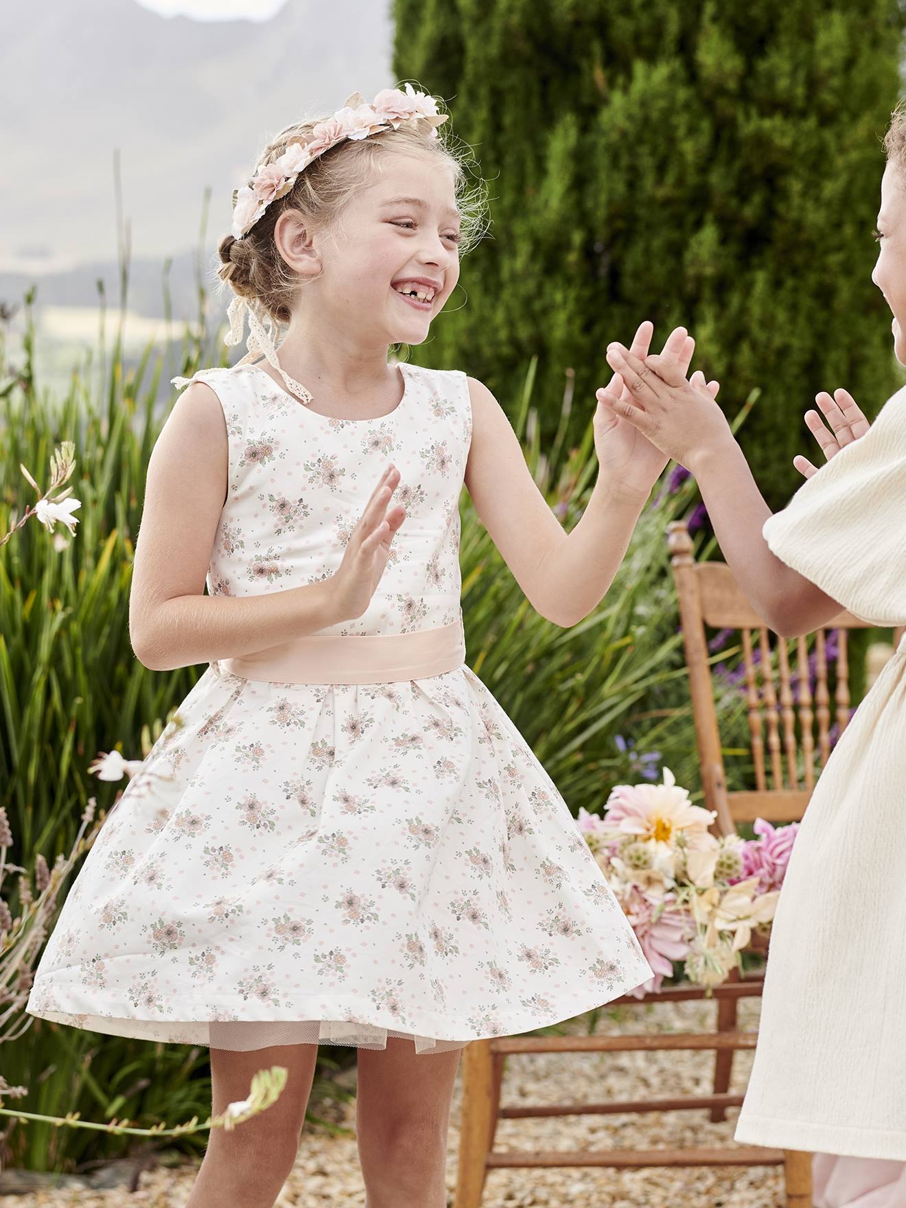 Vertbaudet Feestelijke Meisjesjurk Met Aquarel Bloemmotieven Aan De Onderkant Roze, Bedrukt
