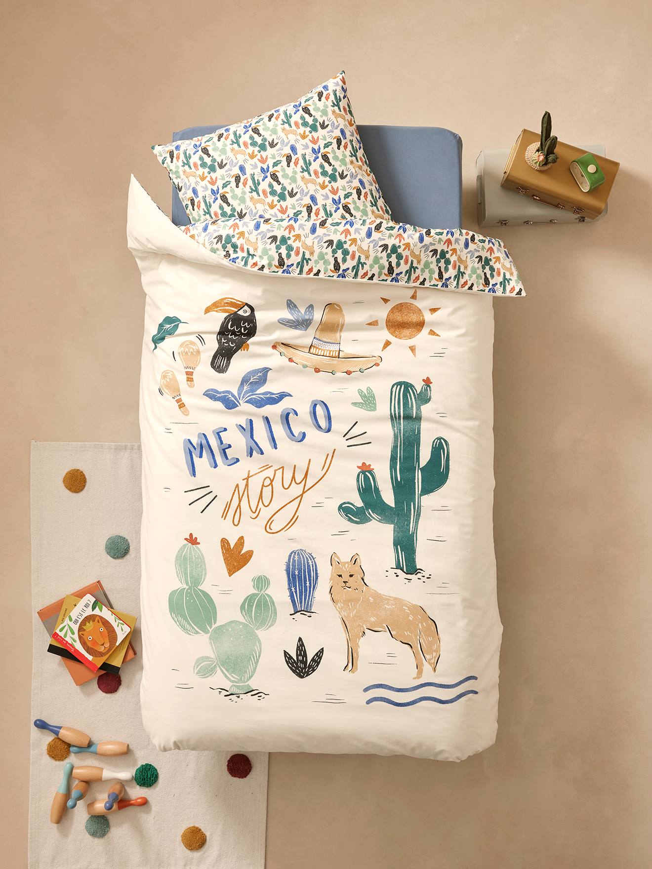 Vertbaudet Set Dekbedovertrek + Kussensloop Mexico City Met Gerecycled Katoen Meerkleurig
