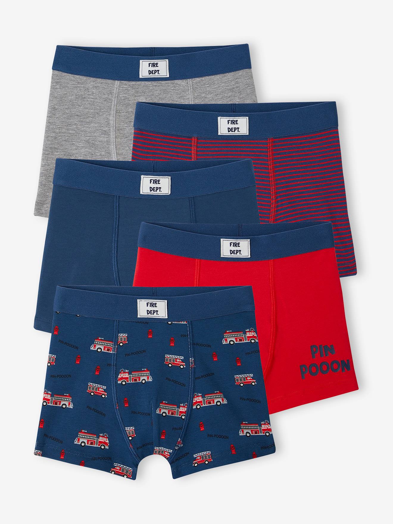 Vertbaudet Set Met 5 Stretch Jongensboxers Brandweermannen Van Biokatoen Oceaanblauw