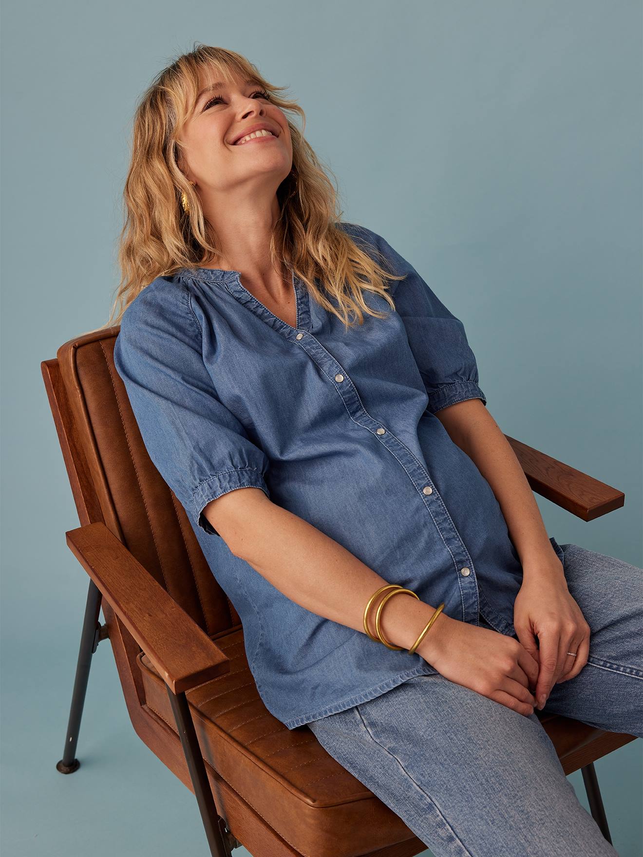 Envie De Fraise Zwangerschapsblouse Van Lichtgewicht Denim, Korte Mouwen Double Stone
