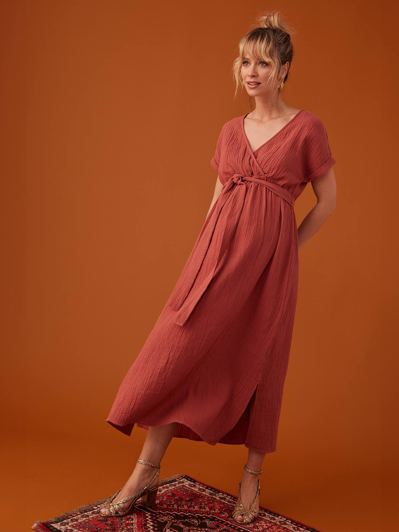Lange Zwangerschapsjurk Van Katoengaas Envie De Fraise Terracotta