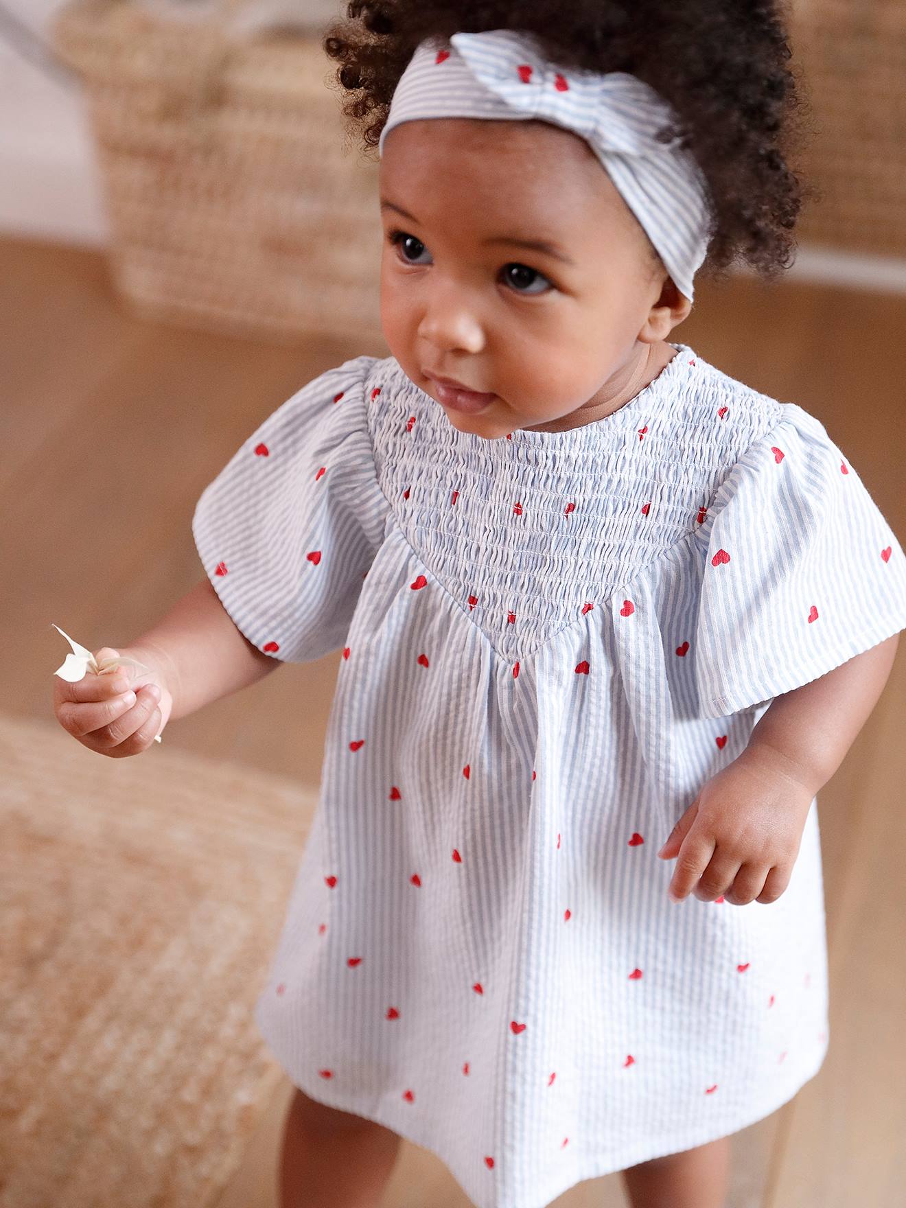 Vertbaudet Set Van Seersucker Jurk + Short + Band Baby Blauw, Gestreept
