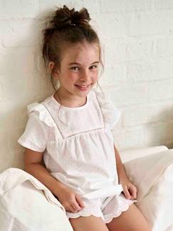 Meisje-Pyjama, pyjamapakje-Meisjespyjashort in plumetis-katoenen voile en Engels borduurwerk