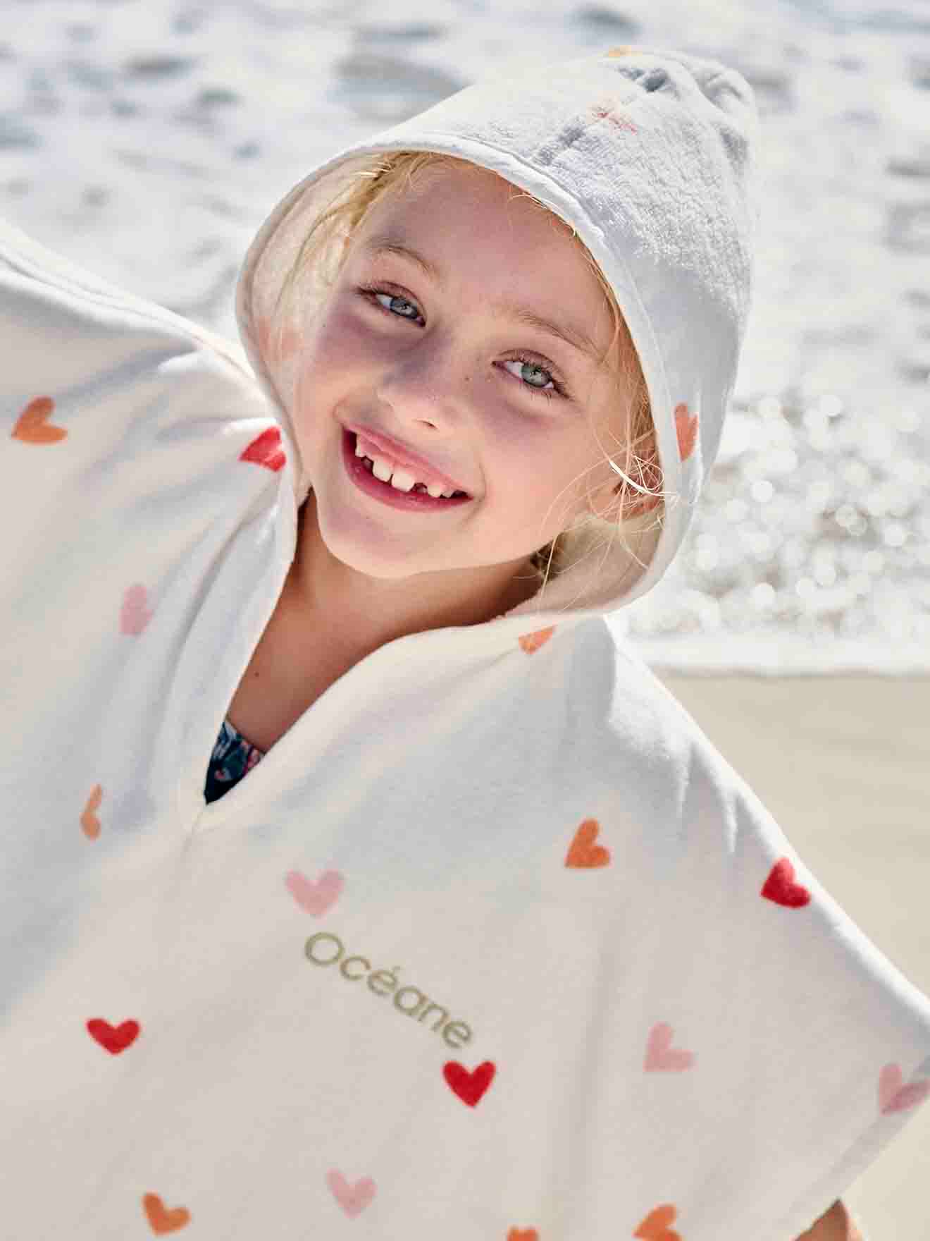 Vertbaudet Personaliseerbare Badponcho Voor Kinderen Coeurs, Met Gerecycled Katoen Wit, Bedrukt