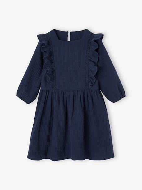 Robe à volants en gaze de coton fille marine+vieux rose - vertbaudet enfant 