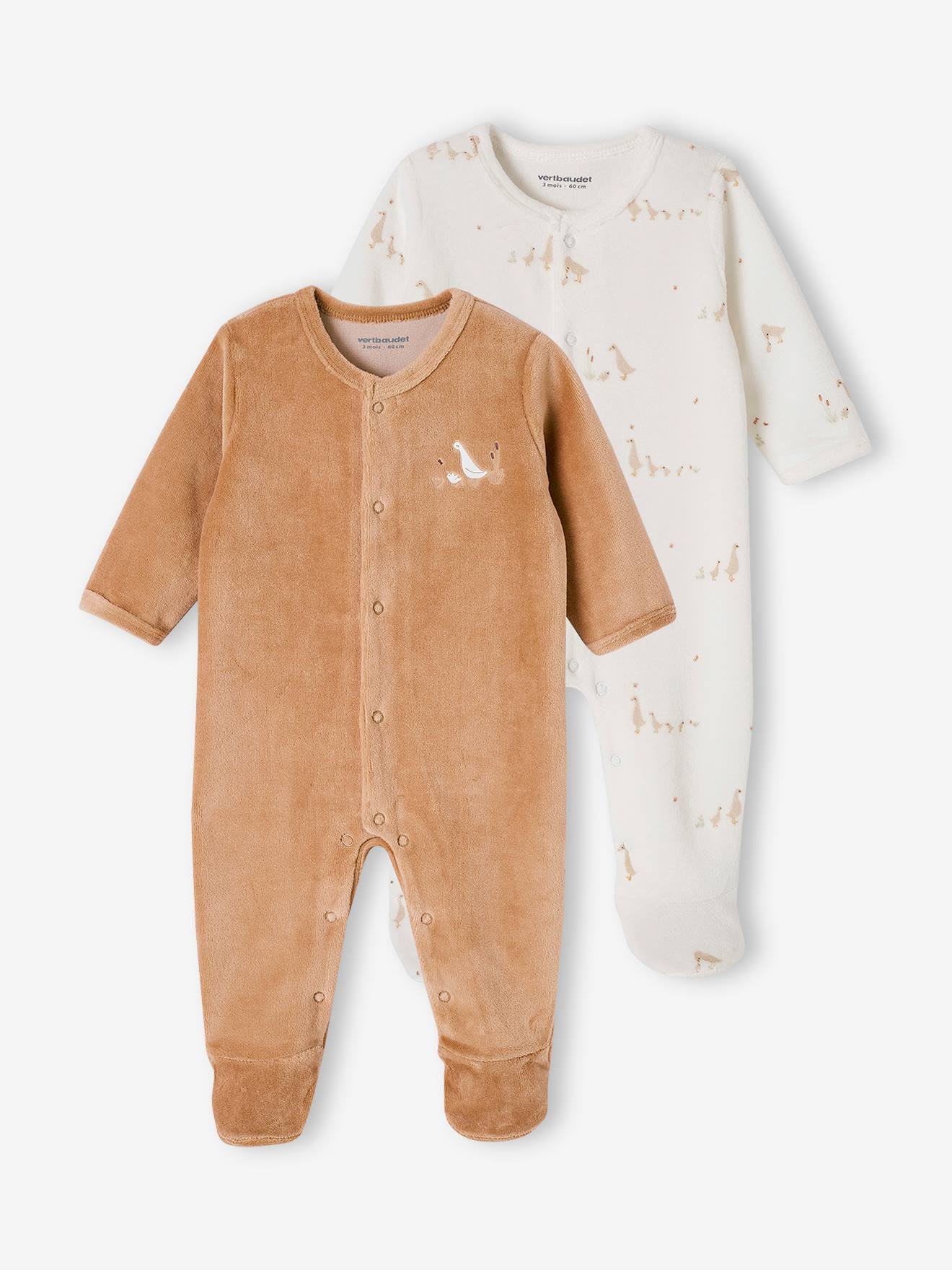 Vertbaudet Set Van 2 Fluwelen Babyslaappakjes Met Opening Voor Cappuccino