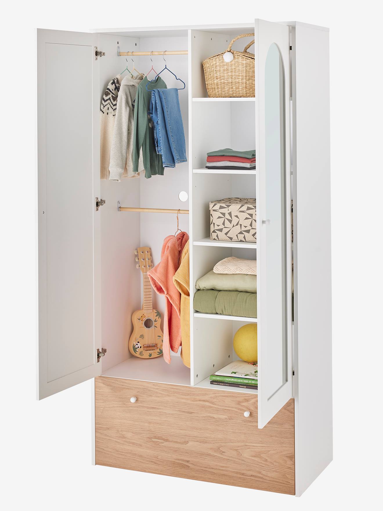 Garde-Robe Enfant Avec Miroir Et Étagères - Armoire Fille 2 Ans Et Plus En Bois Blanc Ou Rose
