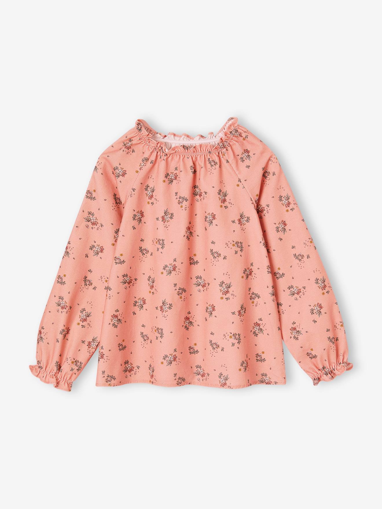 Vertbaudet Gebloemde Meisjesblouse In Milleraies Fluweel Roze (poederkleur)
