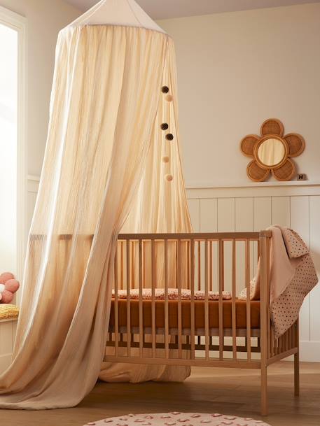 Ciel de lit en gaze de coton avec pompons beige poudré+rose+vert sauge - vertbaudet enfant 