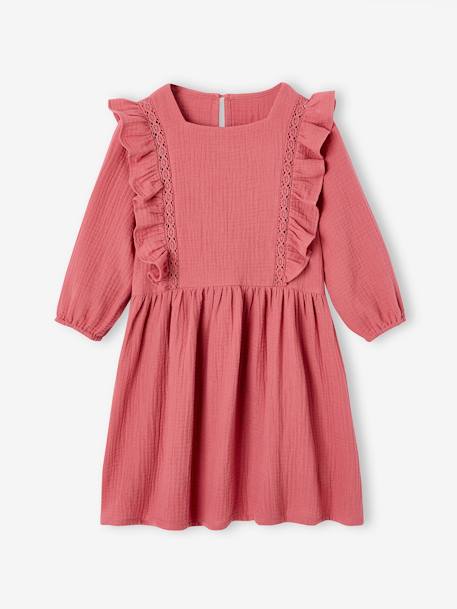 Robe à volants en gaze de coton fille marine+vieux rose - vertbaudet enfant 