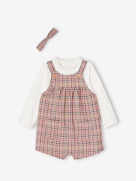 Bébé-Ensemble salopette courte à carreaux + t-shirt et bandeau bébé fille