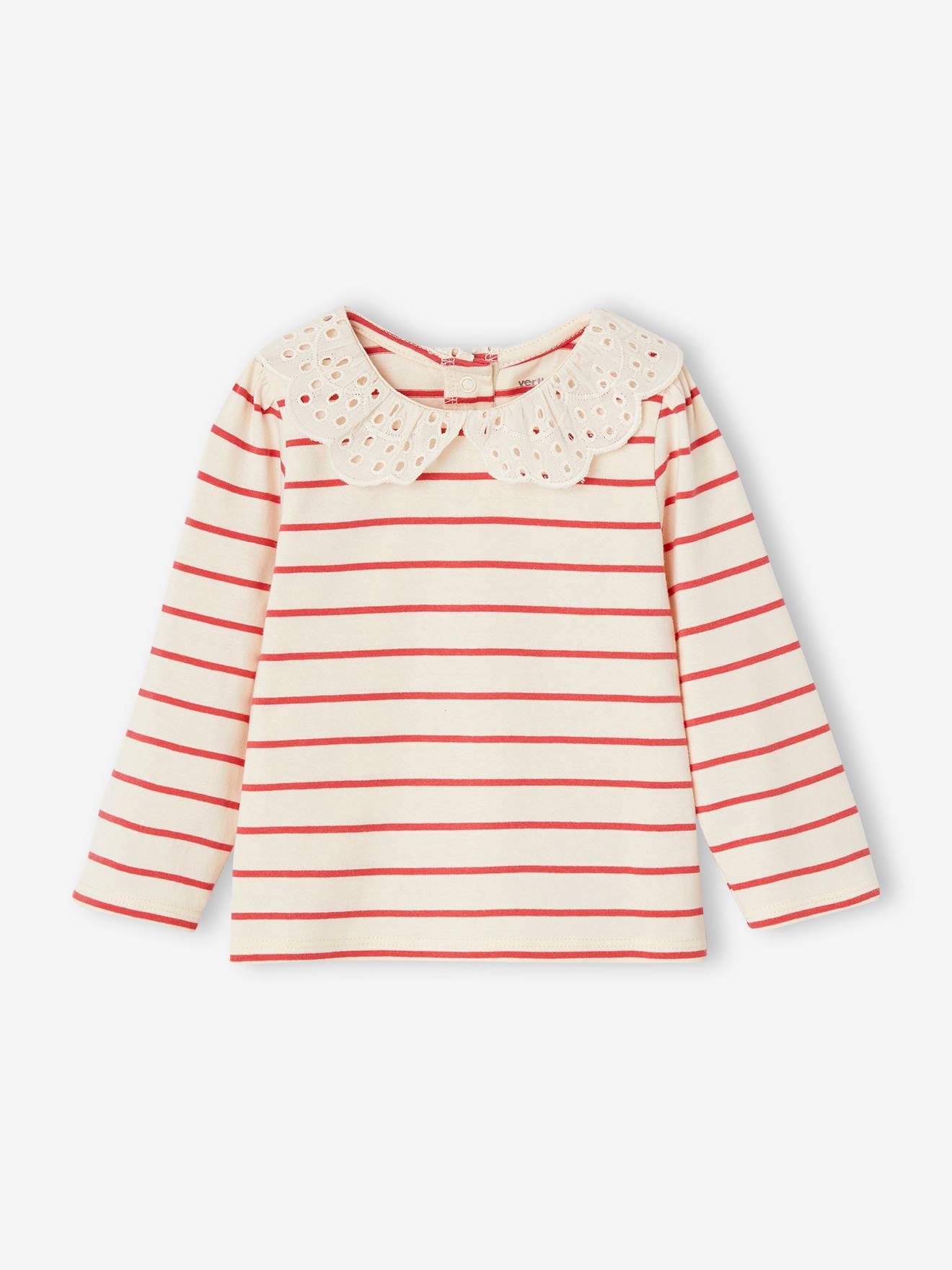 Vertbaudet Baby T-shirt Met Geborduurde Kraag En Lange Mouwen Rood, Gestreept