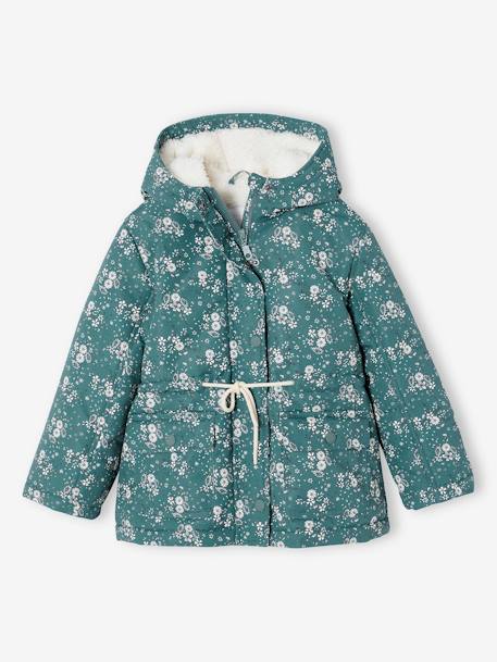 Fille-Manteau, veste-Parka à capuche motifs fleurs doublée sherpa fille