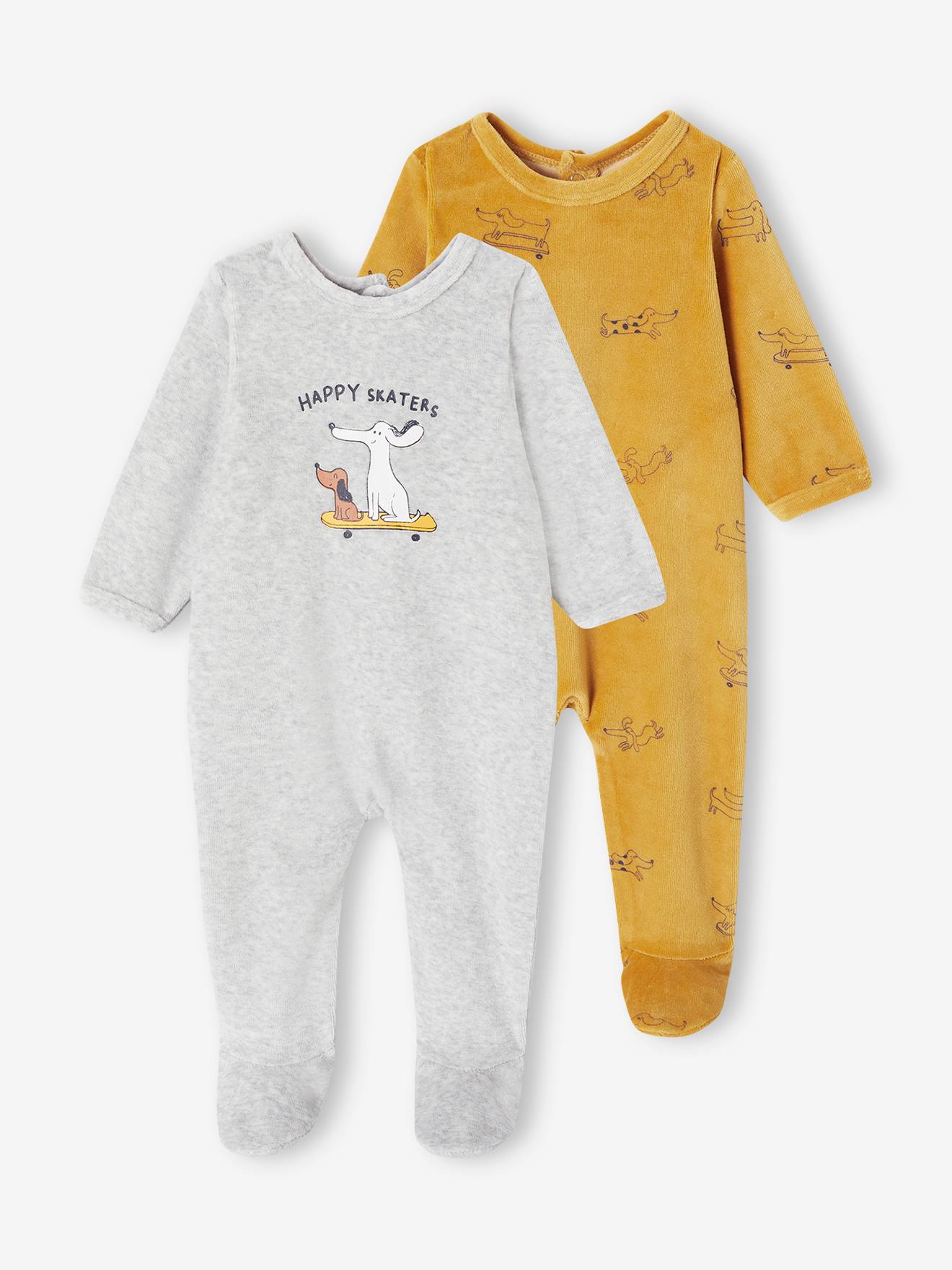 Vertbaudet Set Van 2 Fluwelen Slaappakjes Voor Baby's Hondenthema Lichtgeel
