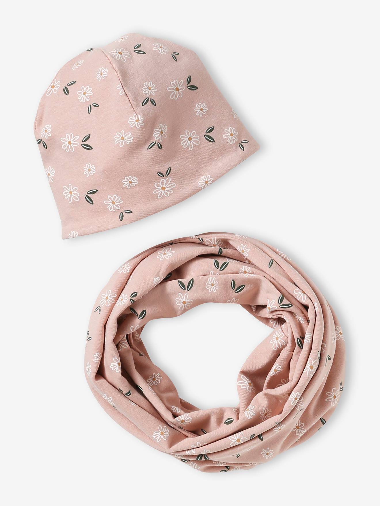 Vertbaudet Gebloemde Meisjesset Muts + Snood Roze (poederkleur)