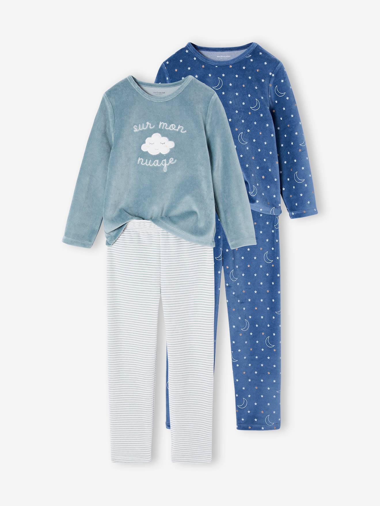 Vertbaudet Set Van 2 Fluwelen Pyjama's "sur Mon Nuage" Voor Meisjes Blauwgroen
