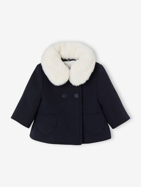 Manteau bébé fille en drap de laine col en fausse fourrure amovible marine - vertbaudet enfant 