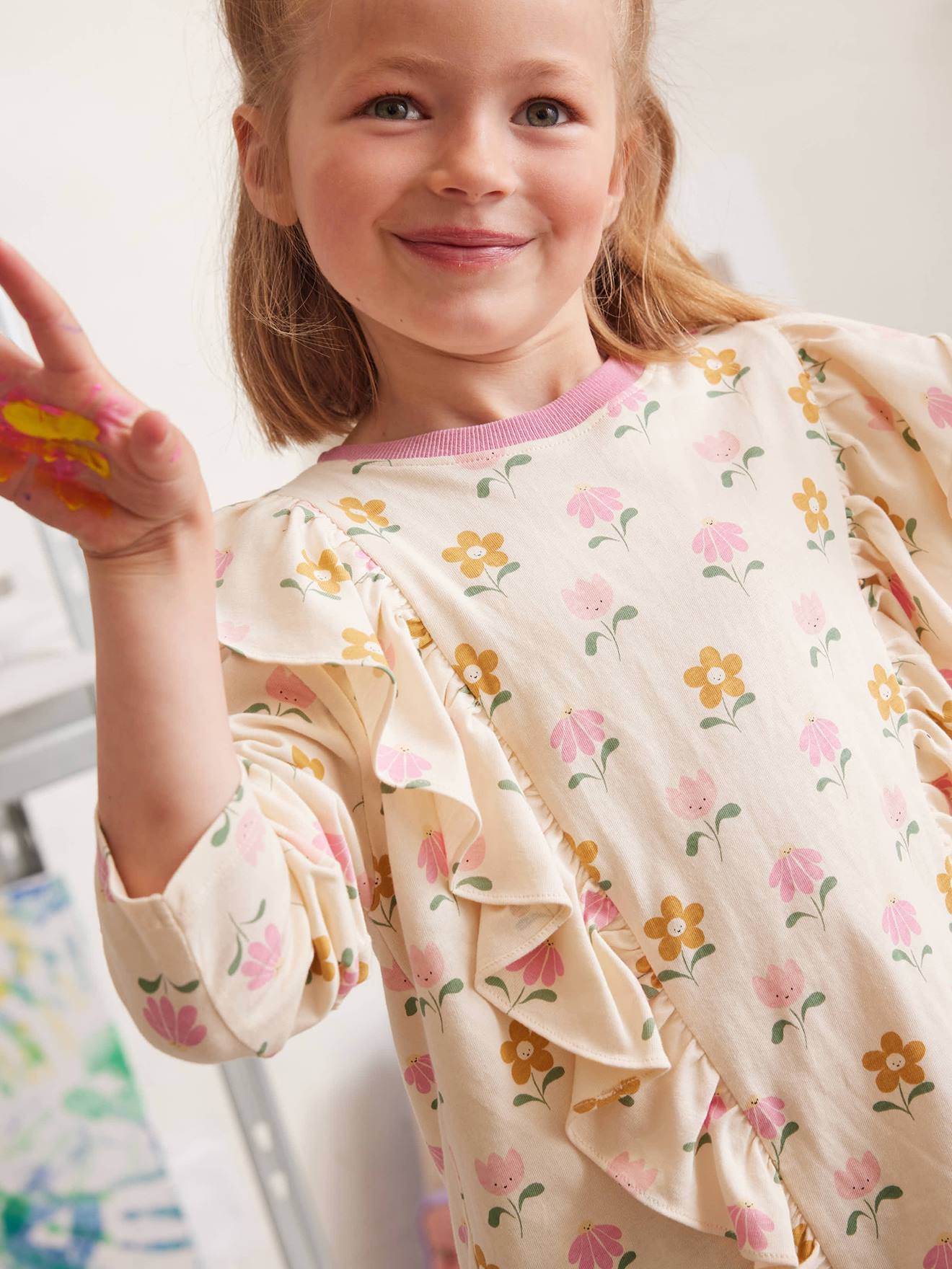 Vertbaudet T-shirt Met Ruches En Lange Mouwen Meisjes Vanille