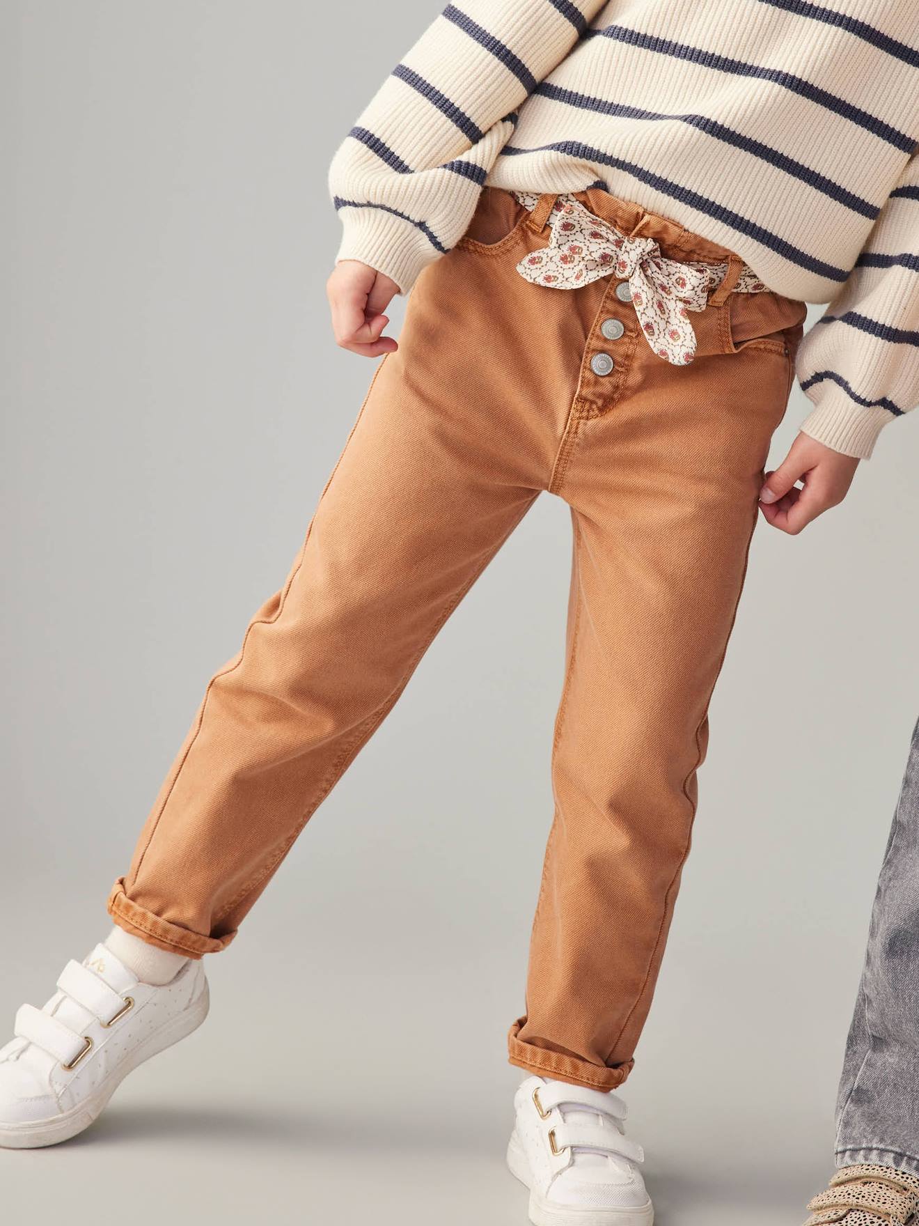 Vertbaudet Paperbag Broek Voor Meisjes Met Sjaal-riem Met Bloemen Kaneel