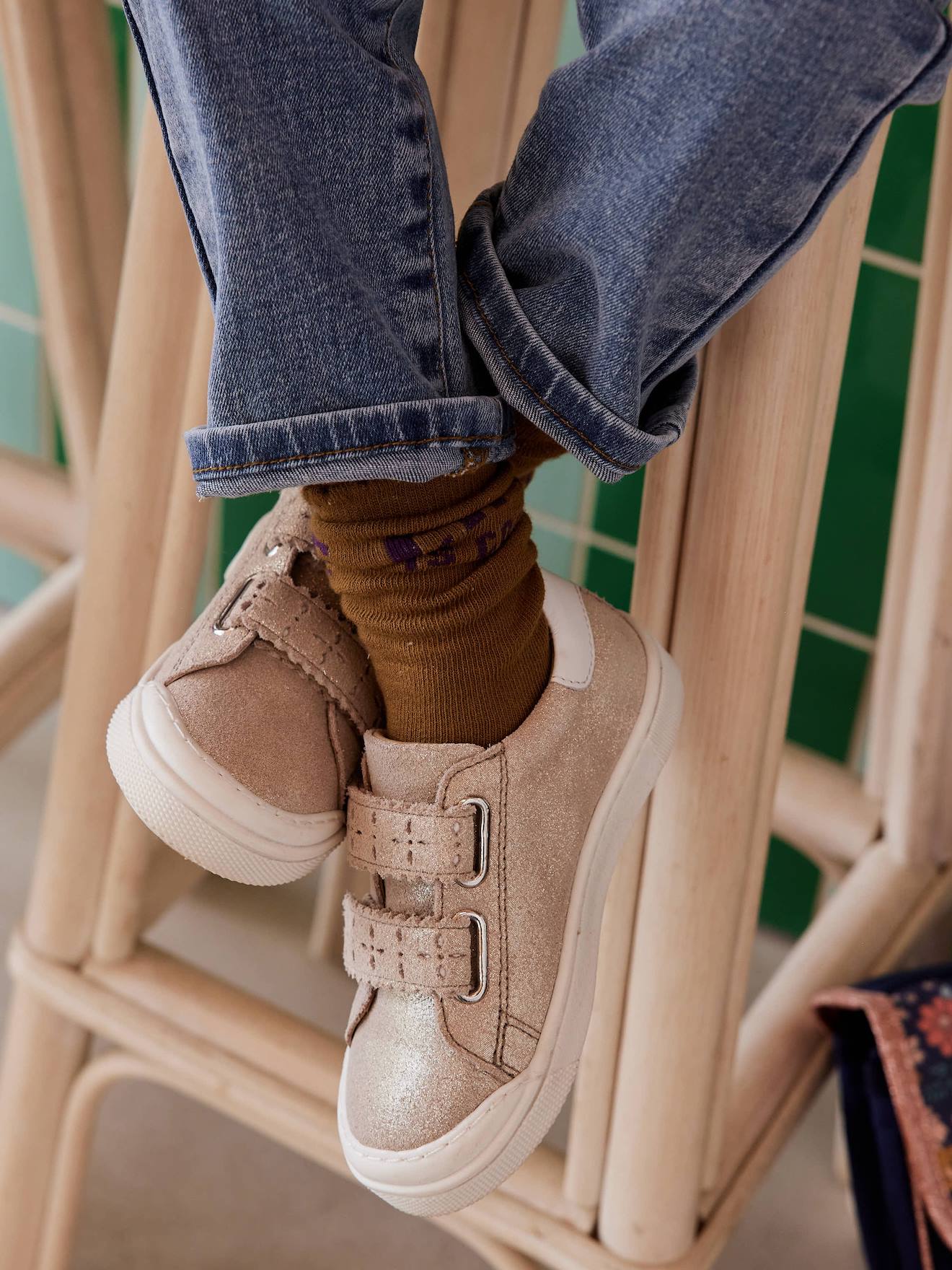 Vertbaudet Leren Sneakers Met Klittenband, Kleutercollectie Meisjes Goud