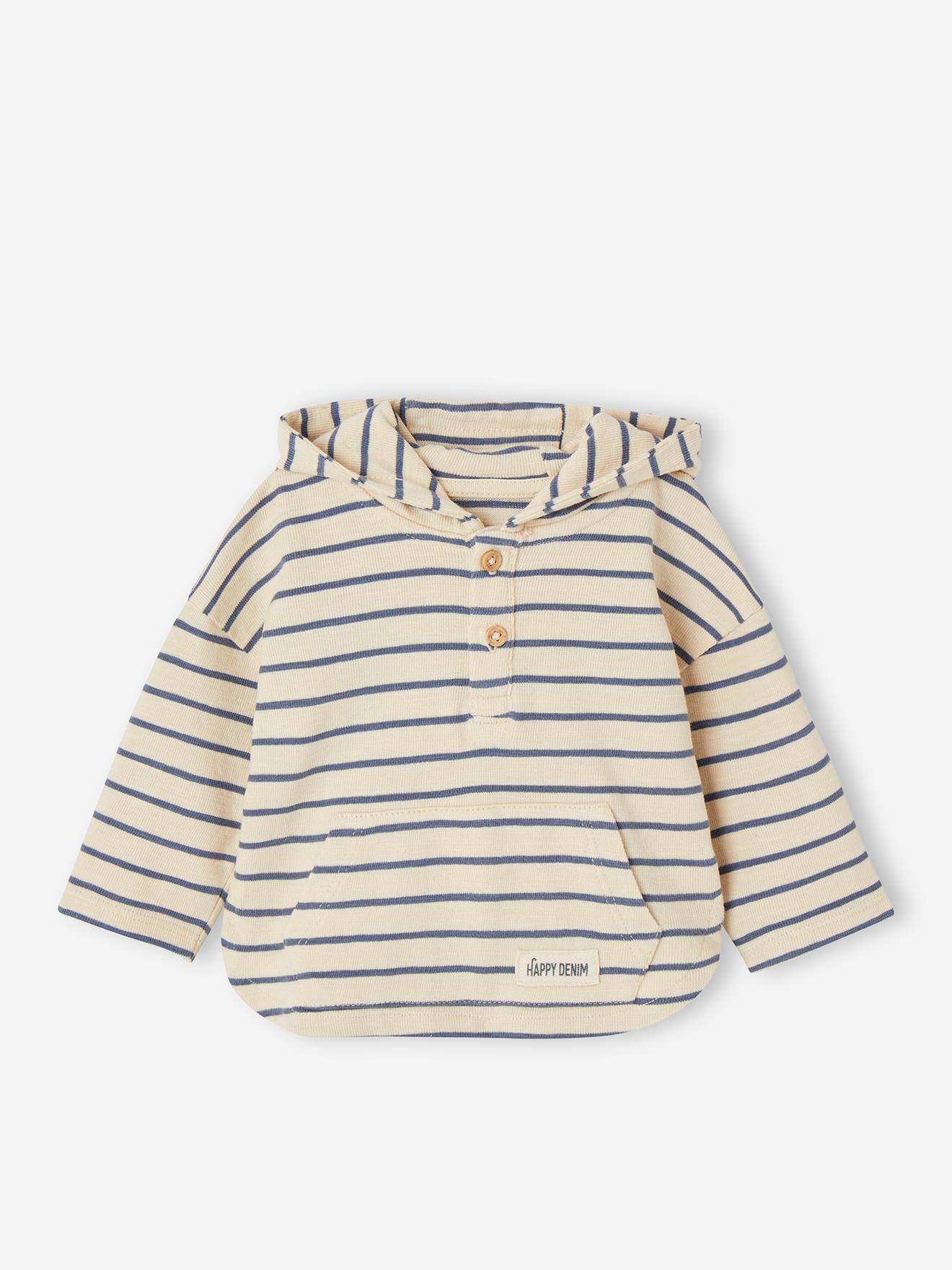 Vertbaudet Gestreept T-shirt Met Capuchon Jongensbaby Zandbeige