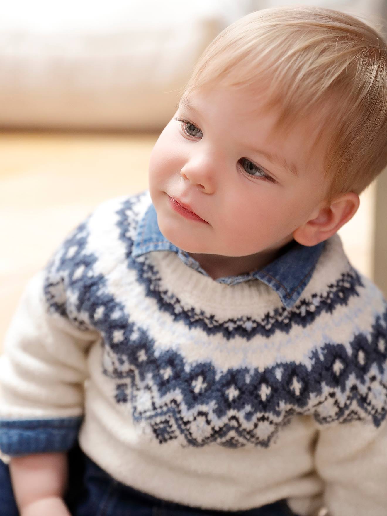 Vertbaudet Jacquard Trui Voor Babyjongens In Luchtig En Zacht Tricot Ecru