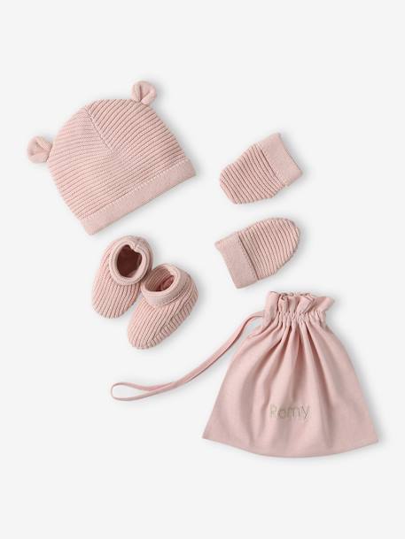 Bébé-Ensemble bonnet, moufles et chaussons bébé naissance et son pochon personnalisable