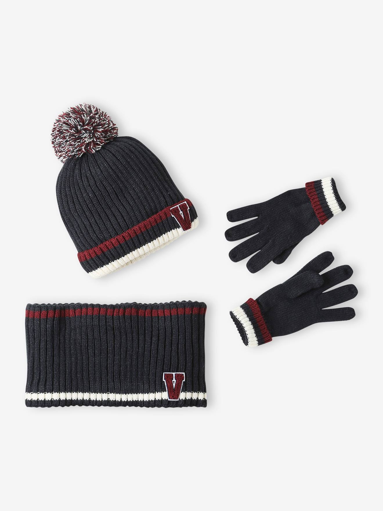 Vertbaudet Set Muts + Snood + Handschoenen Voor Jongens Van Geribbeld Tricot Marineblauw