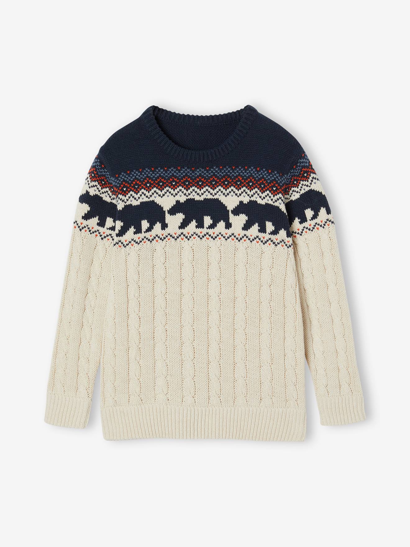 Vertbaudet Jacquard Jongenstrui Van Kabeltricot Gemêleerd Wit