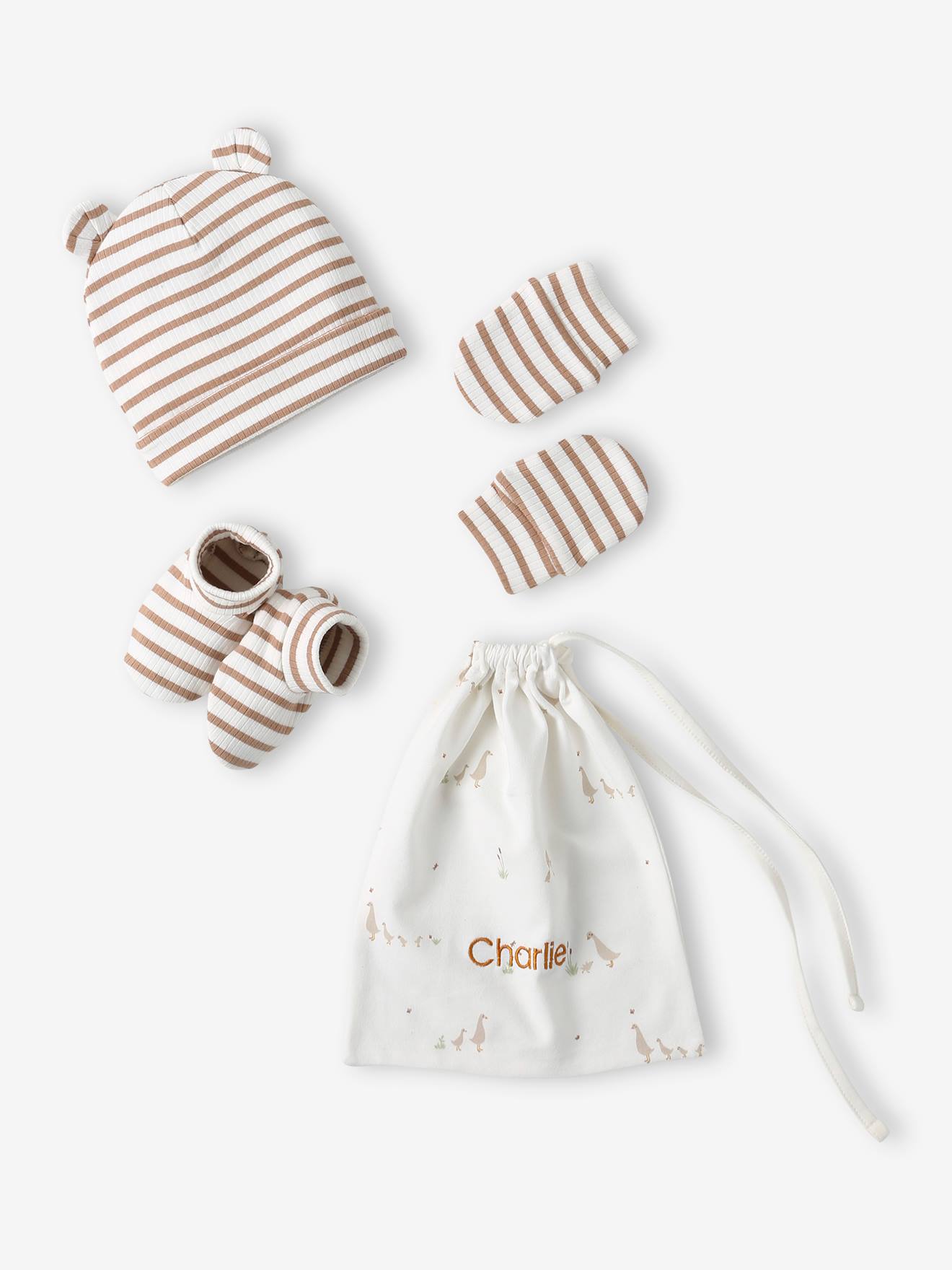 Vertbaudet Set Muts + Wanten + Slofjes + Babytas Voor Baby, Aanpasbaar Cappuccino