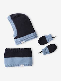 -Set jongensbaby bivakmuts + snood + wanten tweekleurig