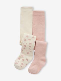 Bébé-Chaussettes, Collants-Lot de 2 paires de collants bébé fille à fleurs et en côtes