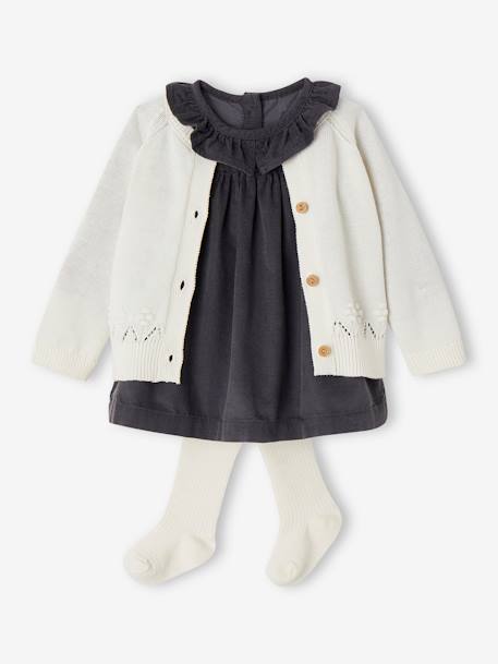 Bébé-Ensemble robe, gilet fantaisie et collant bébé fille