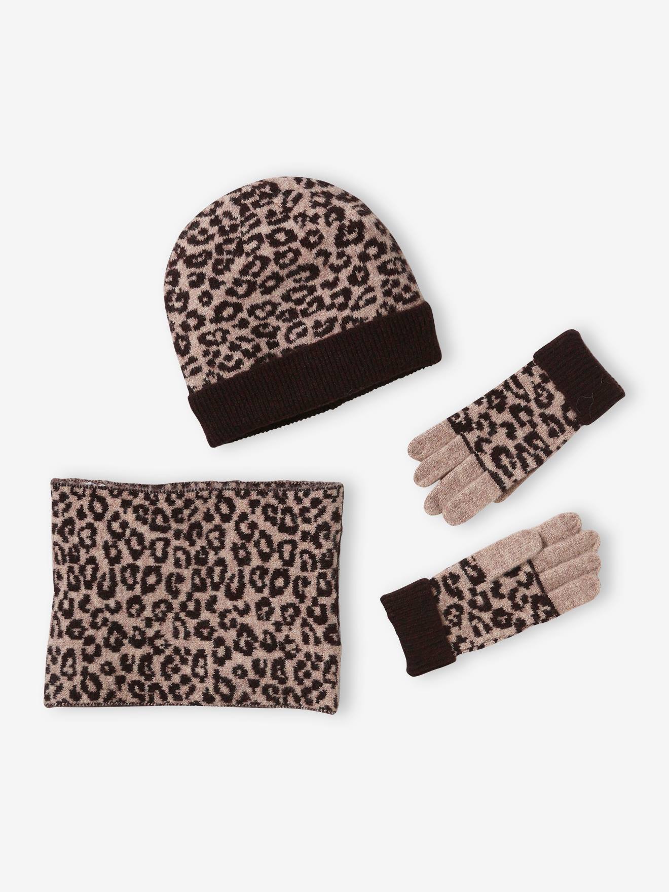 Vertbaudet Luipaardset Muts + Snood + Handschoenen Meisje Bruin, Bedrukt