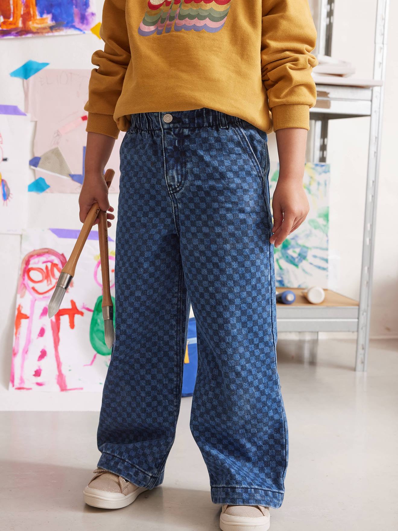 Vertbaudet Wijde Jeans In Paperbagstijl Met Bloemmotieven Voor Meisjes Donkerblauw