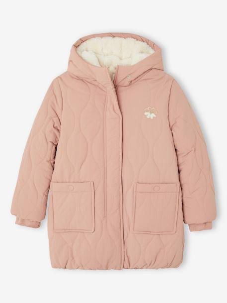 Fille-Manteau, veste-Doudoune longue à capuche fille doublée fausse fourrure