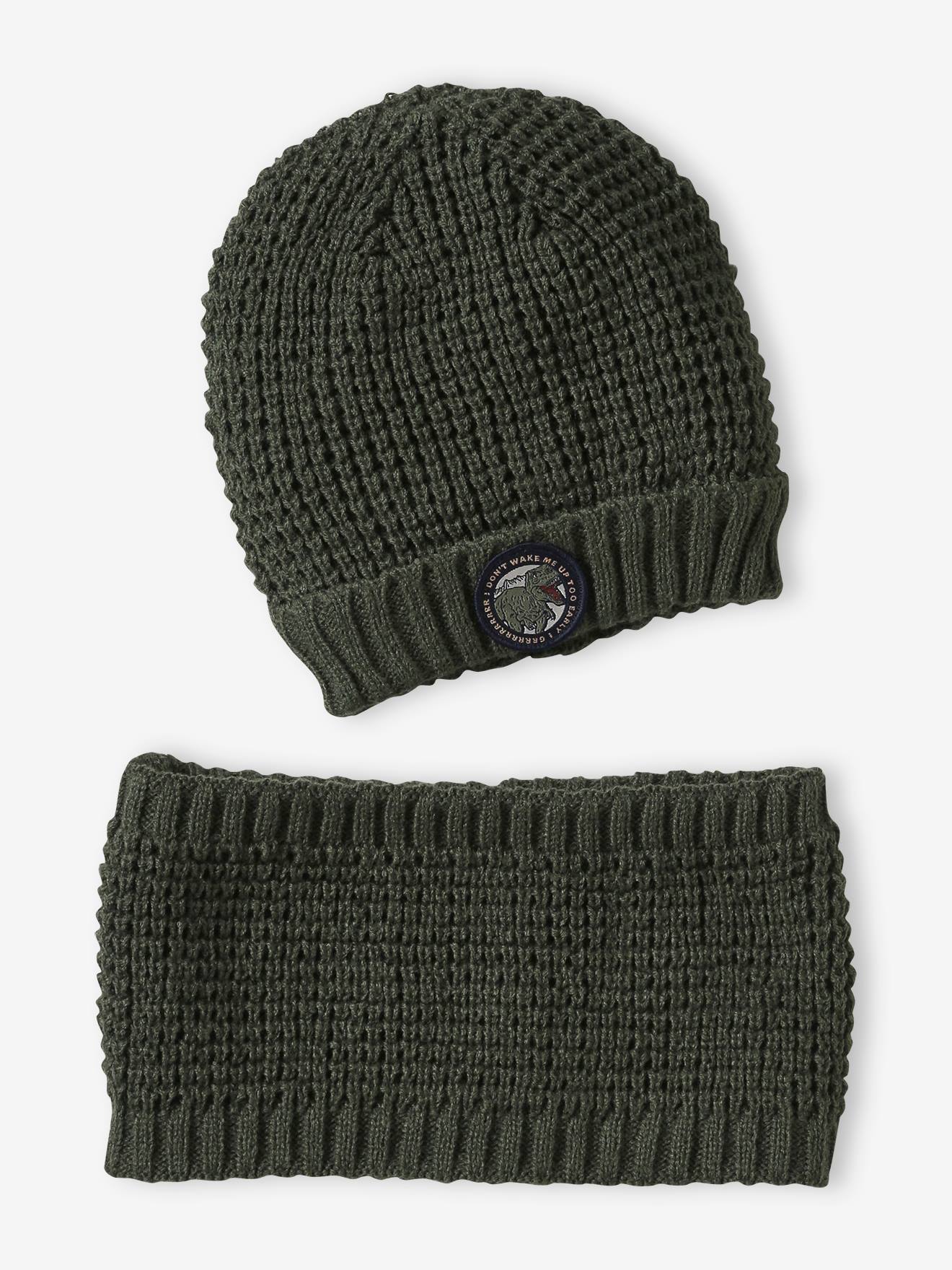 Vertbaudet Set Muts Met Dino Badge En Snood Jongens Kaki