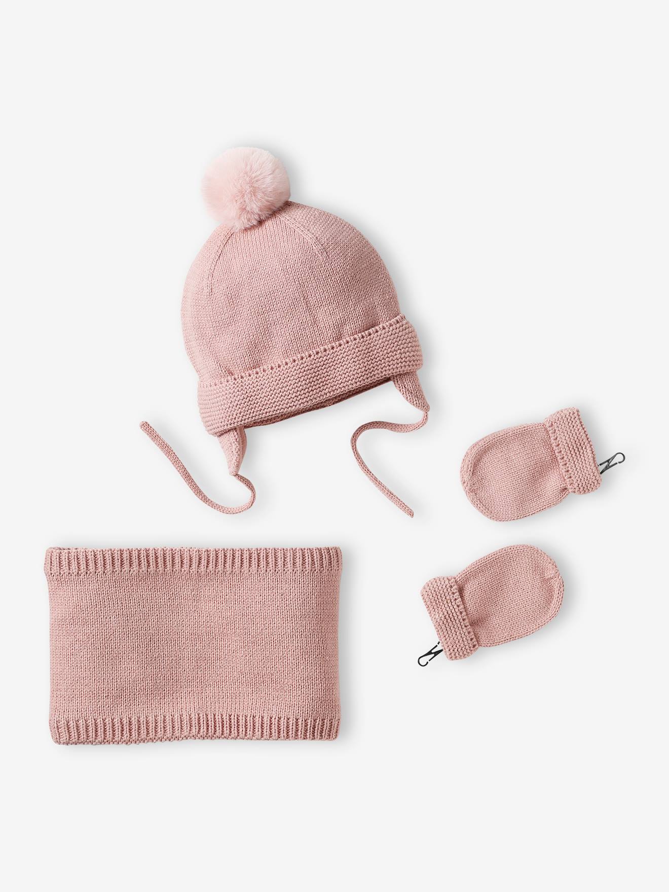 Vertbaudet Set Van Babymeisjes Muts + Snood + Wanten Roze (poederkleur)