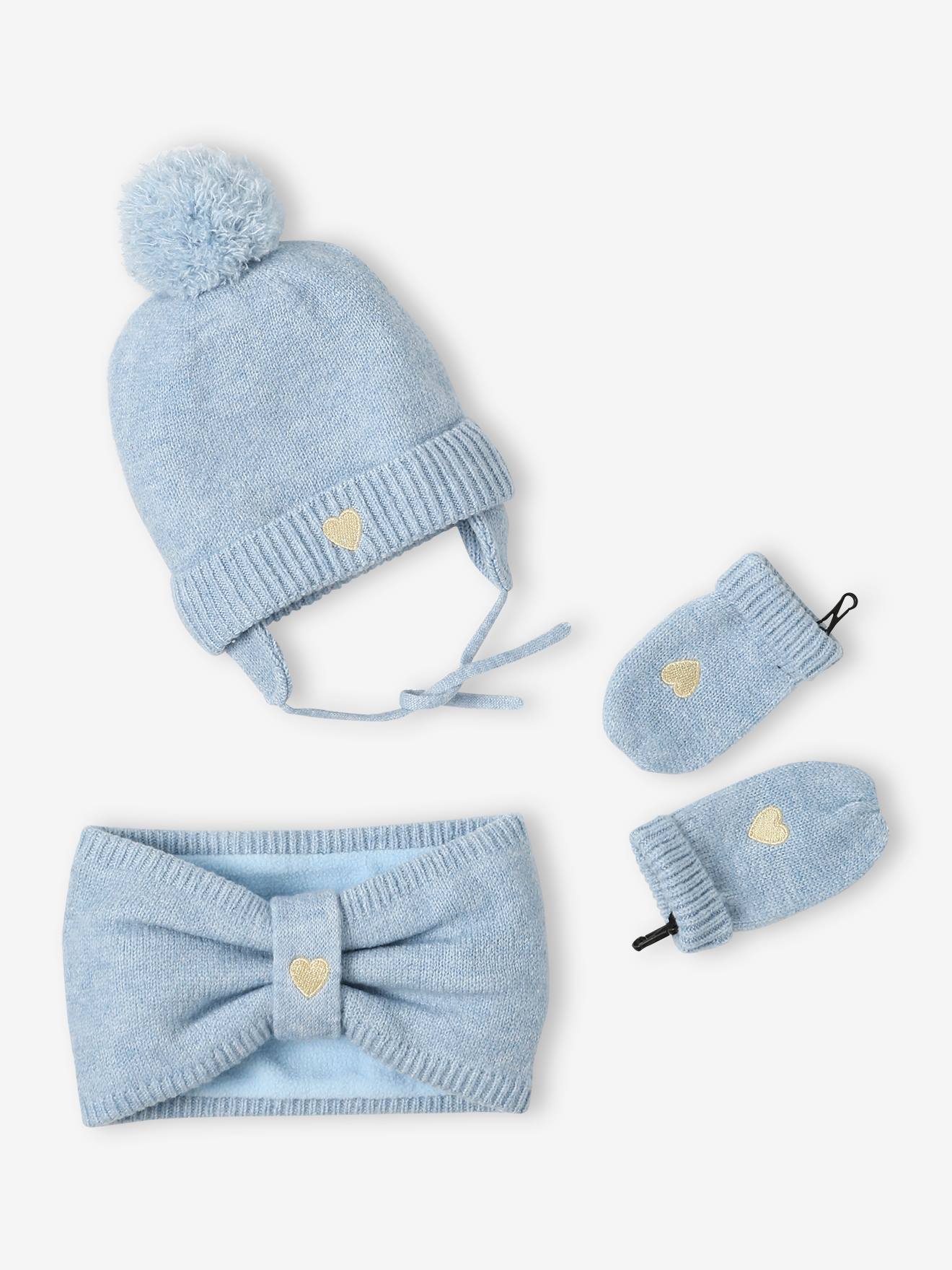 Vertbaudet Set Muts + Snood + Wanten Met Hartjes Voor Babymeisjes Ijsblauw