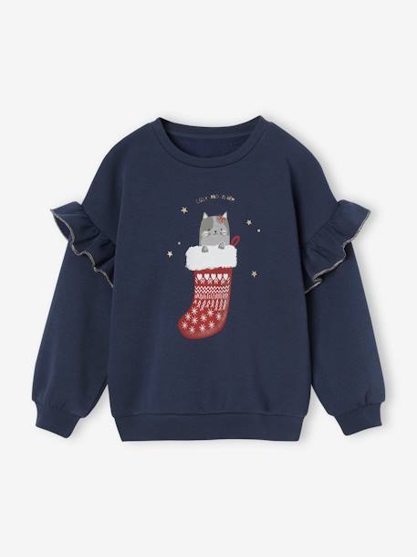 Fille-Pull, gilet, sweat-Sweat à volants motif chat fantaisie fille