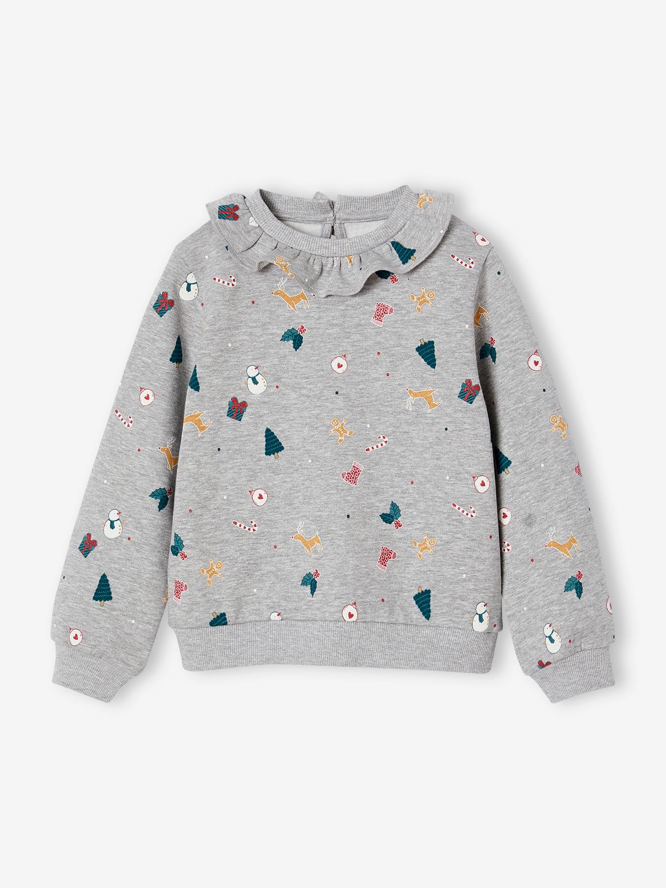 Vertbaudet Kerstsweater Met Bedrukt Kraagje Voor Meisjes Gemêleerd Grijs